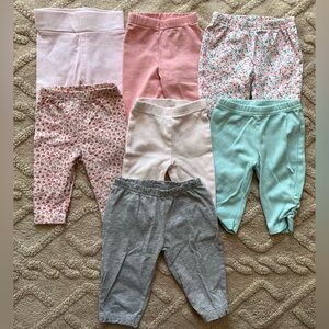 Baby Girl 0-3M Pants Bundle - Colorful Pull On Elastic Waist Pants, Lot Of 7